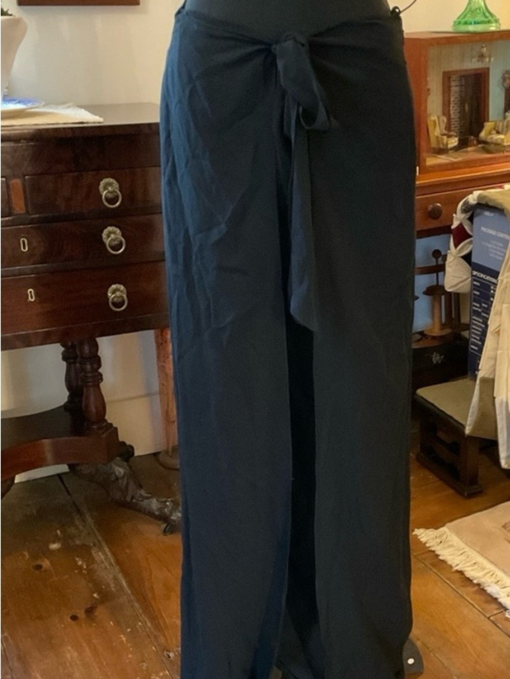 Ralph Lauren Navy Wide-Leg Tie-Waist Chiffon Overlay Pants
